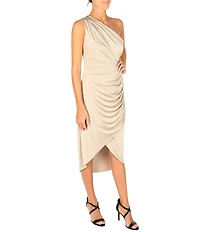Julia Jordan Satin Knit One Shoulder Rouched Sheath Midi Dress