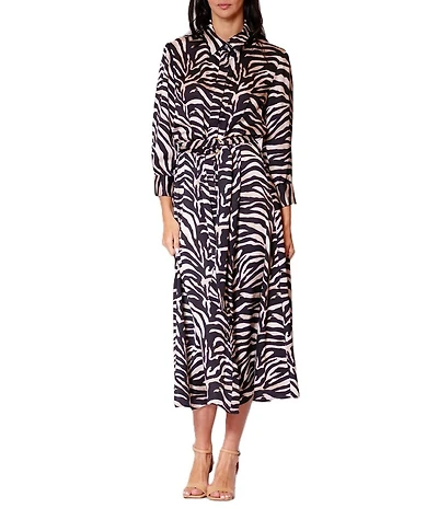 Julia Jordan Satin Zebra Print Point Collar Long Sleeve Shirt Dress