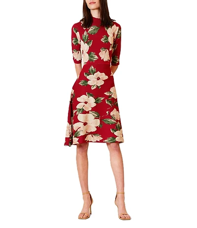 Julia Jordan Short Knit Floral Print Mock Neck 3/4 Sleeve Dress