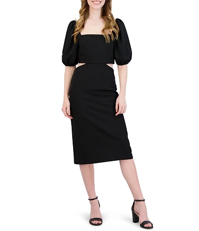 Julia Jordan Short Puffed Sleeve Square Neck Side Cut-Out Sheath Midi Dress