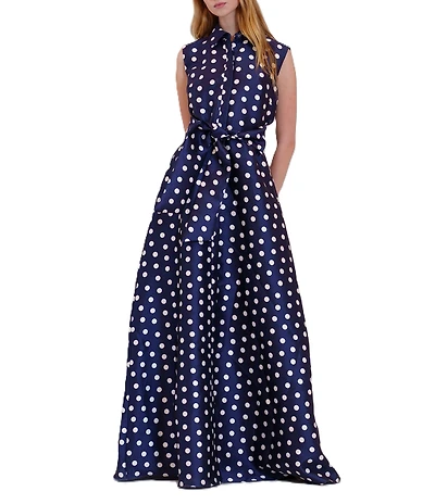 Julia Jordan Sleeveless Dotted Twill Collared Shirt Dress Gown