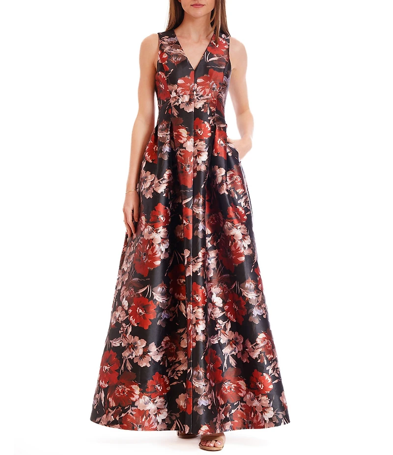 Julia Jordan Sleeveless Floral Print V Neck Gown