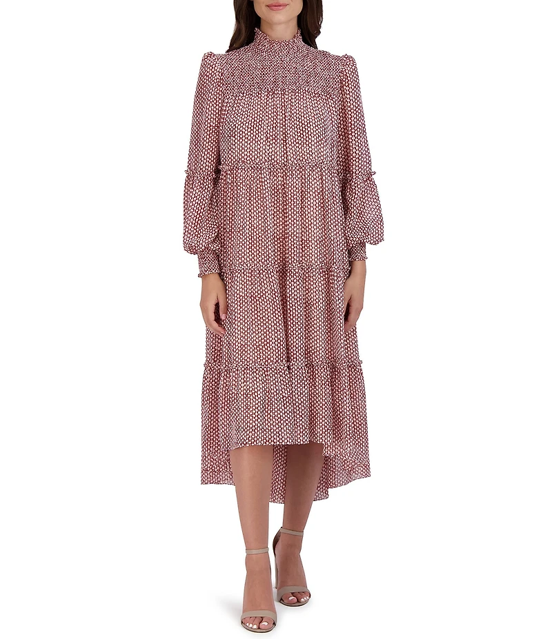 Julia Jordan Smocked Mock Neck Hi-Low Long Sleeve Dress