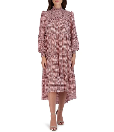 Julia Jordan Smocked Mock Neck Hi-Low Long Sleeve Dress