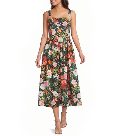 Julia Jordan Square Neck Basque Waist Midi Floral Dress