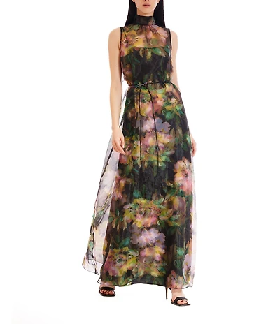 Julia Jordan Tie Mock Neck Organza Satin Overlay Dress