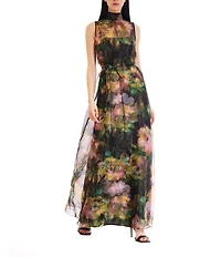 Julia Jordan Tie Mock Neck Organza Satin Overlay Dress