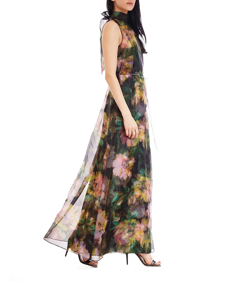 Julia Jordan Tie Mock Neck Organza Satin Overlay Dress