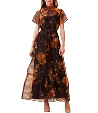Julia Jordan Tie Neck Printed Organza Overlay Self Tie Dress