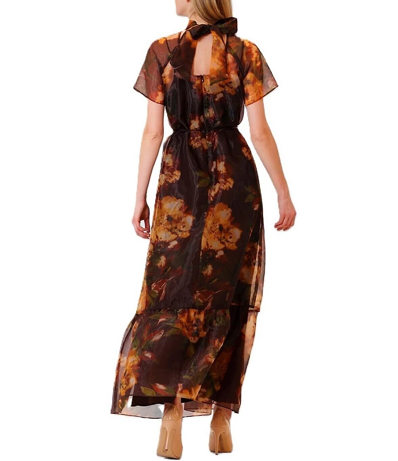 Julia Jordan Tie Neck Printed Organza Overlay Self Tie Dress
