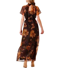 Julia Jordan Tie Neck Printed Organza Overlay Self Tie Dress
