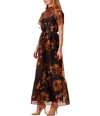 Julia Jordan Tie Neck Printed Organza Overlay Self Tie Dress
