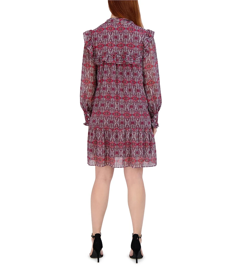 Julia Jordan Tie Neck Ruffle Printed Long Sleeves Sheath Mini Dress
