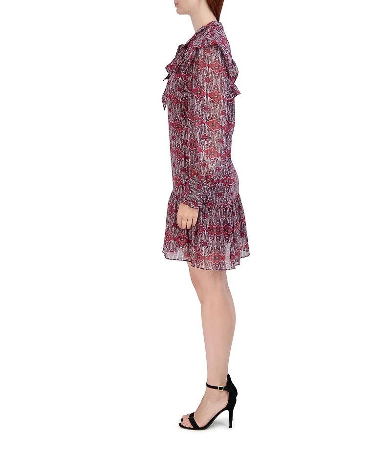 Julia Jordan Tie Neck Ruffle Printed Long Sleeves Sheath Mini Dress
