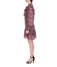 Julia Jordan Tie Neck Ruffle Printed Long Sleeves Sheath Mini Dress