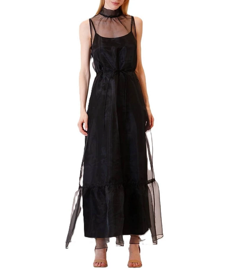 Julia Jordan Tie Neck Solid Organza Sash Overlay Dress