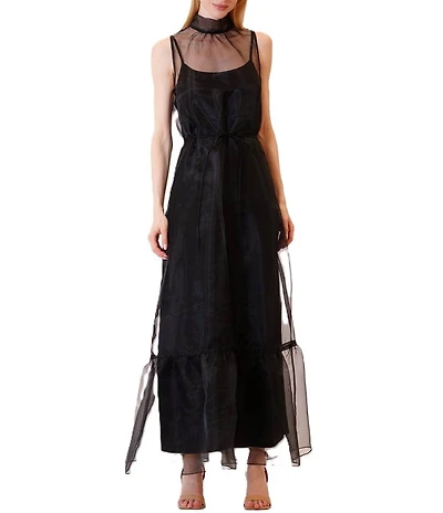 Julia Jordan Tie Neck Solid Organza Sash Overlay Dress