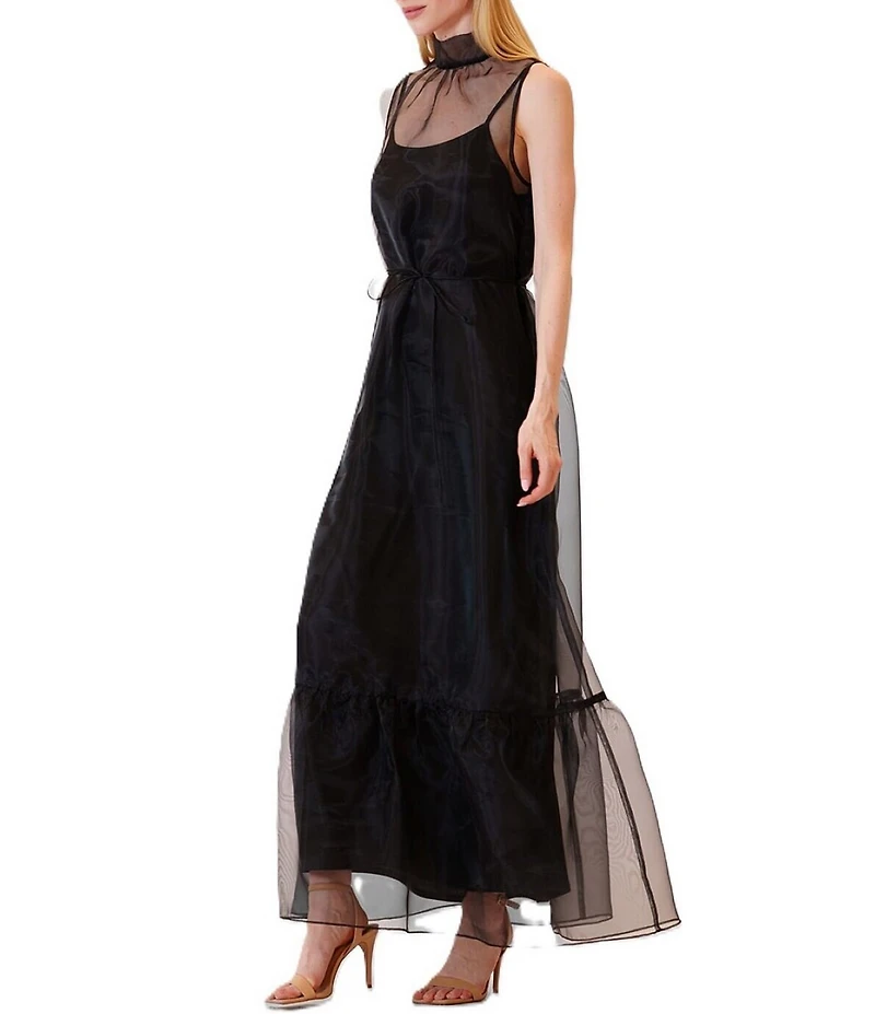 Julia Jordan Tie Neck Solid Organza Sash Overlay Dress