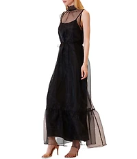 Julia Jordan Tie Neck Solid Organza Sash Overlay Dress