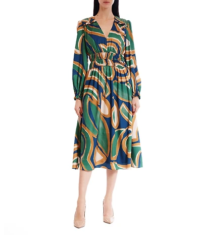 Julia Jordan Twill V-Neck Long Sleeve Abstract Printed Midi Dress