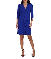 Julia Jordan Pleated Surplice V-Neck 3/4 Sleeve Ruffled Front Dress