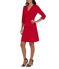 Julia Jordan Pleated Surplice V-Neck 3/4 Sleeve Ruffled Front Dress