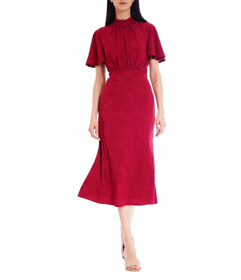 Julia Jordan Woven Flounce Short Flutter Sleeve Mock Neckline A-Line Midi Dress