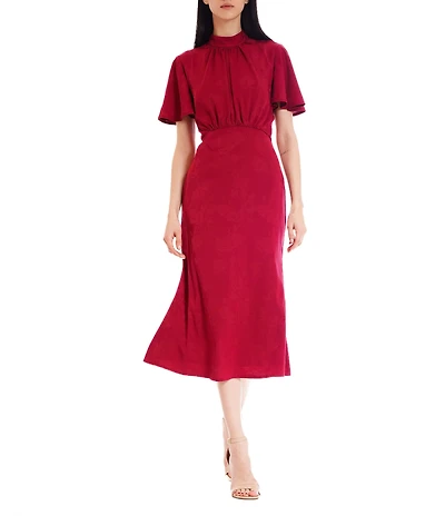 Julia Jordan Woven Flounce Short Flutter Sleeve Mock Neckline A-Line Midi Dress