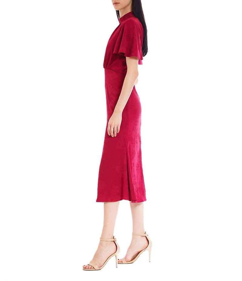 Julia Jordan Woven Flounce Short Flutter Sleeve Mock Neckline A-Line Midi Dress