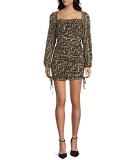 Jump Animal Printed Mesh Square Neck Long Sleeve Ruched Bodycon Dress