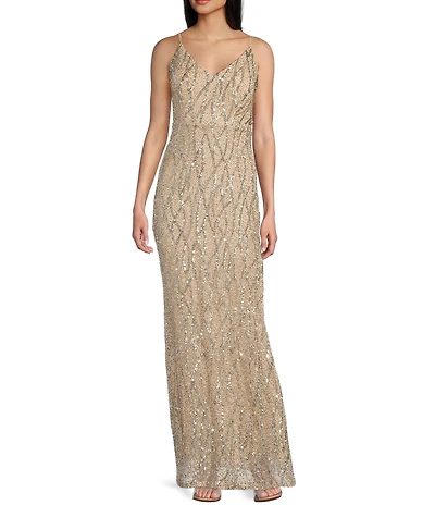 Jump Beaded Sequin Spaghetti Strap V-Neck Tulle Tie Back Gown