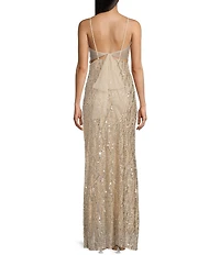 Jump Beaded Sequin Spaghetti Strap V-Neck Tulle Tie Back Gown