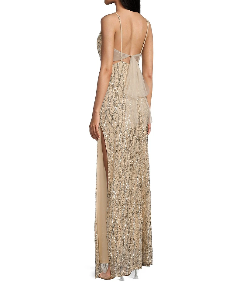 Jump Beaded Sequin Spaghetti Strap V-Neck Tulle Tie Back Gown
