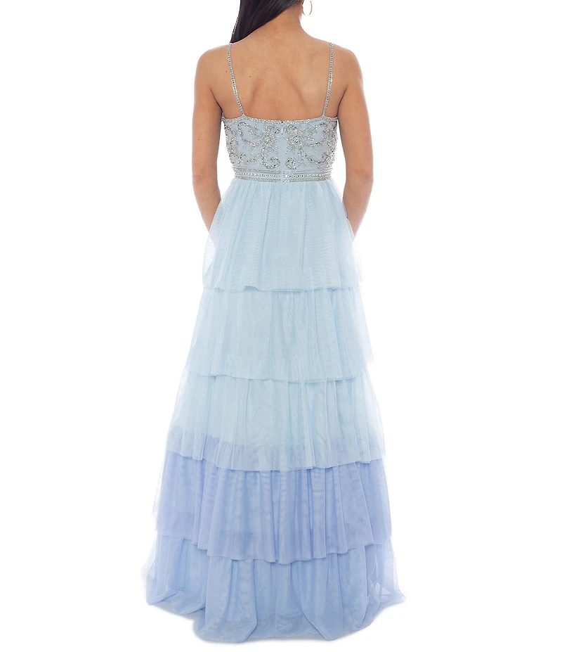 Jump Beaded Deep V-Neck Ruffle Tiered Ball Gown