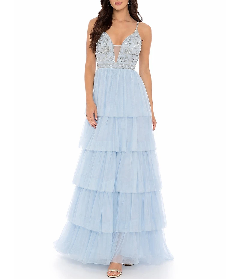 Jump Beaded Deep V-Neck Ruffle Tiered Ball Gown