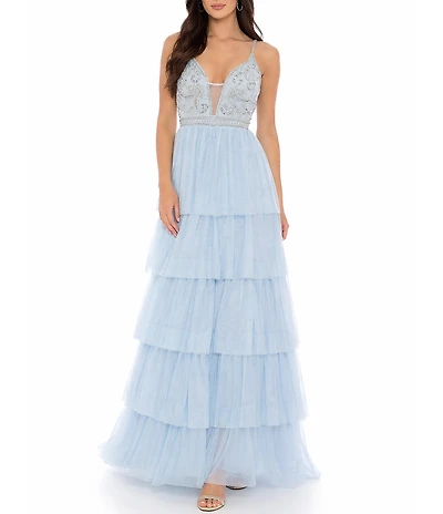 Jump Beaded Deep V-Neck Ruffle Tiered Ball Gown