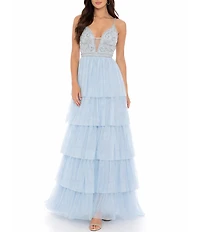 Jump Beaded Deep V-Neck Ruffle Tiered Ball Gown