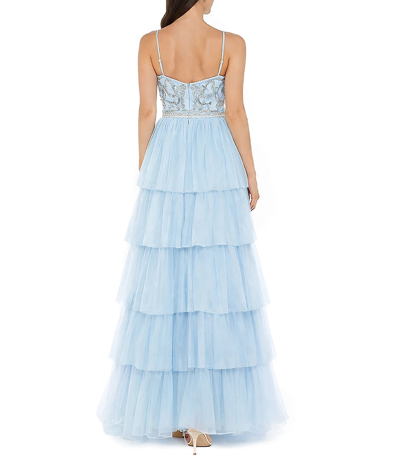 Jump Beaded Deep V-Neck Ruffle Tiered Ball Gown