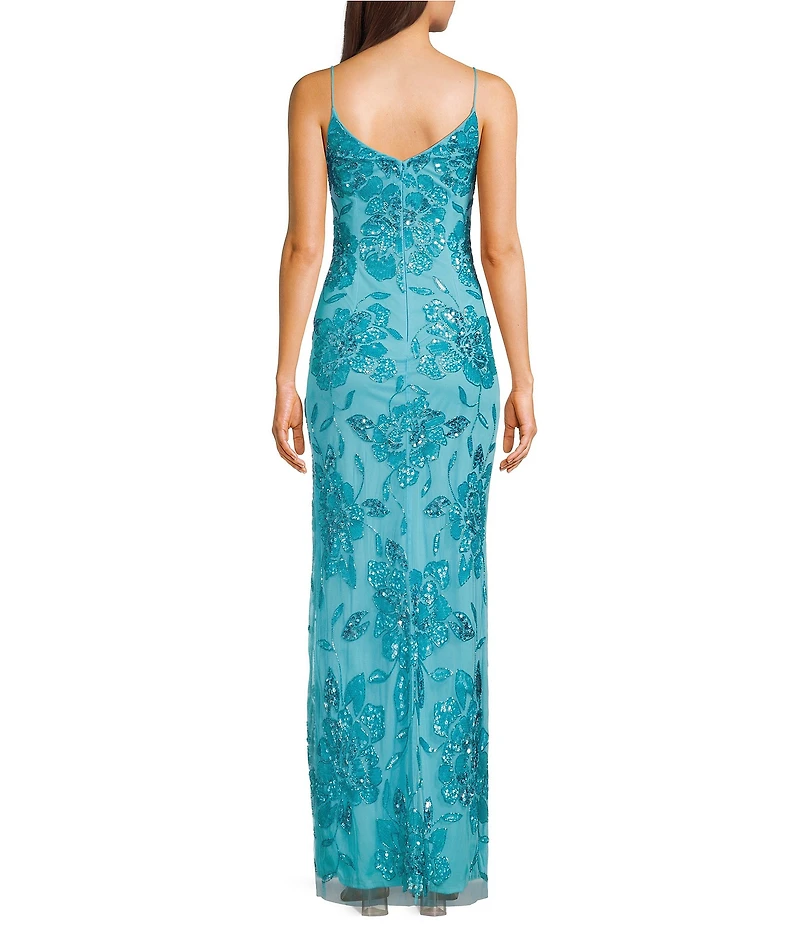 Jump Floral Beaded V-Neck Spaghetti Strap Side Slit Gown