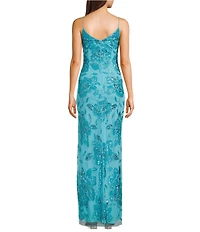 Jump Floral Beaded V-Neck Spaghetti Strap Side Slit Gown