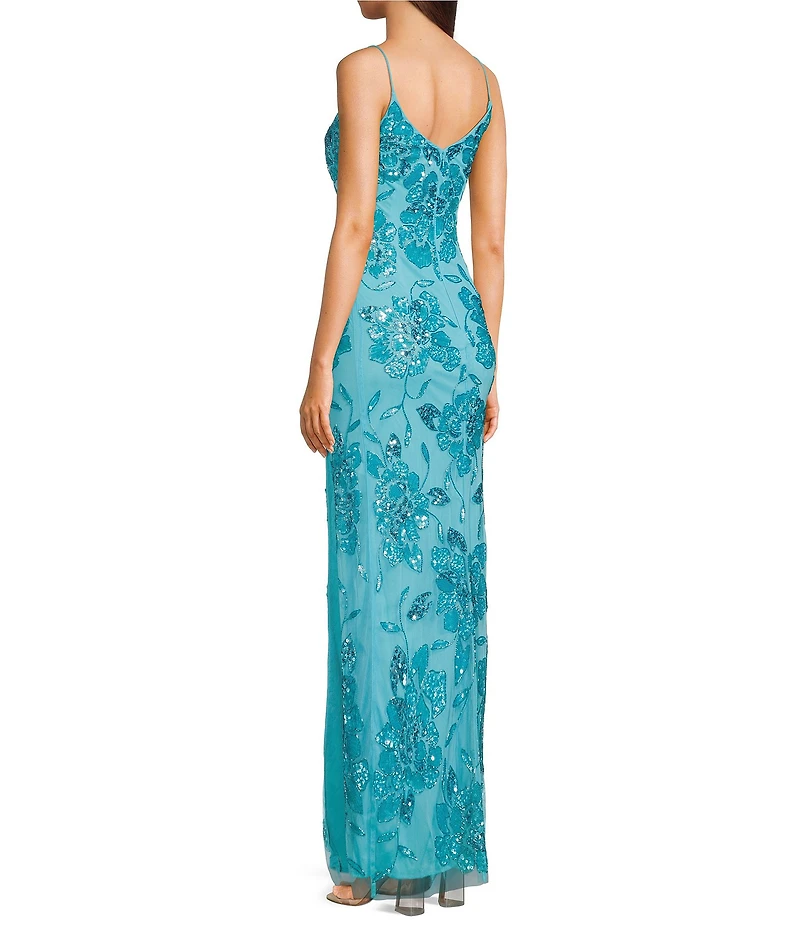 Jump Floral Beaded V-Neck Spaghetti Strap Side Slit Gown