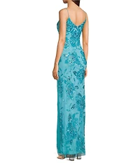 Jump Floral Beaded V-Neck Spaghetti Strap Side Slit Gown