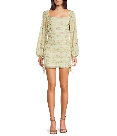 Jump Floral Printed Mesh Square Neck Long Sleeve Ruched Bodycon Mini Dress