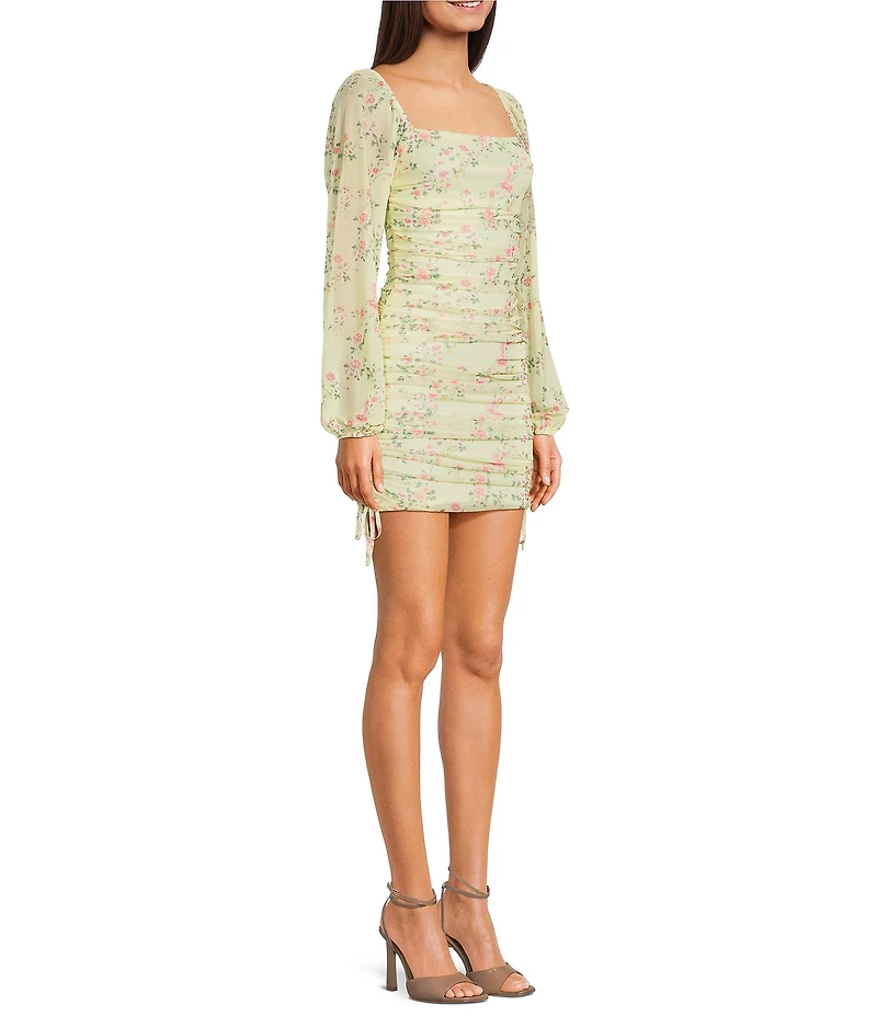 Jump Floral Printed Mesh Square Neck Long Sleeve Ruched Bodycon Mini Dress