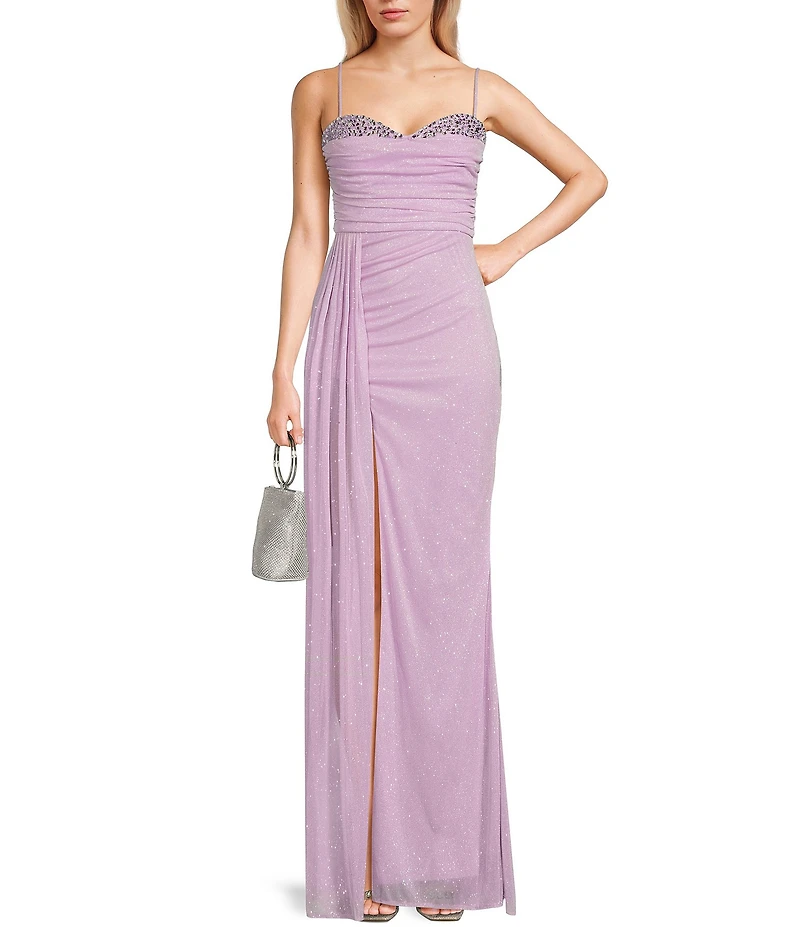 Jump Glitter Embellished Bust Sweetheart Neck Spaghetti Strap Sash Side Slit Gown