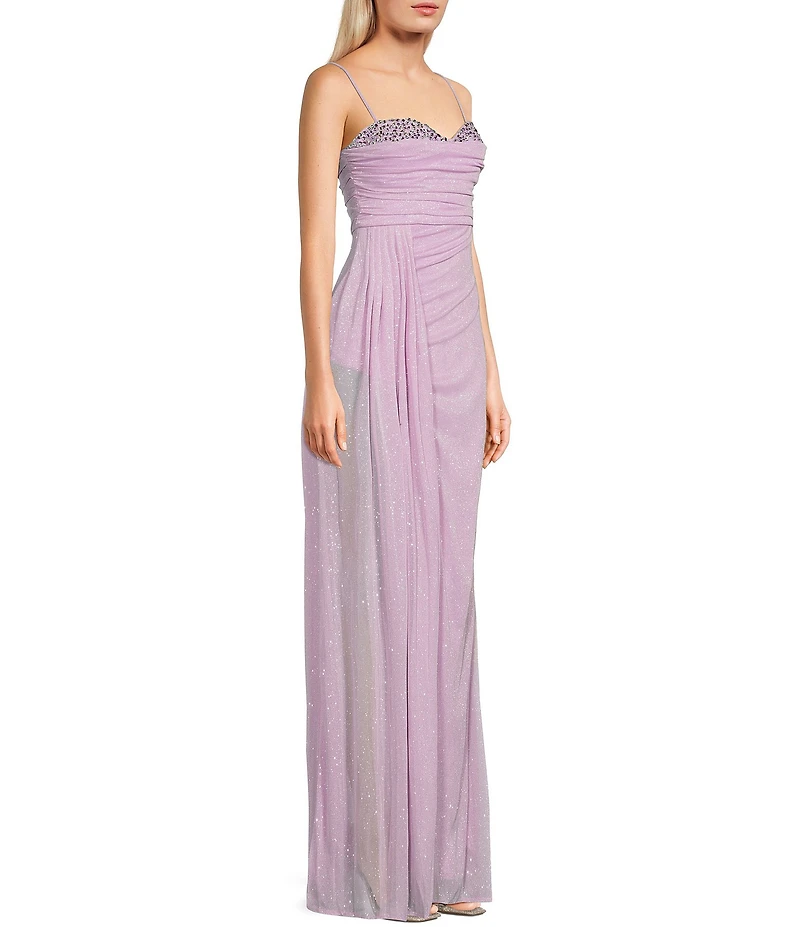 Jump Glitter Embellished Bust Sweetheart Neck Spaghetti Strap Sash Side Slit Gown