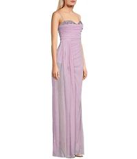 Jump Glitter Embellished Bust Sweetheart Neck Spaghetti Strap Sash Side Slit Gown
