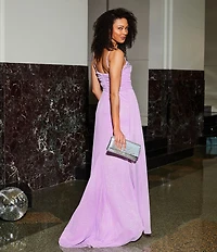 Jump Glitter Embellished Bust Sweetheart Neck Spaghetti Strap Sash Side Slit Gown