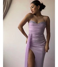 Jump Glitter Embellished Bust Sweetheart Neck Spaghetti Strap Sash Side Slit Gown