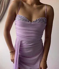 Jump Glitter Embellished Bust Sweetheart Neck Spaghetti Strap Sash Side Slit Gown